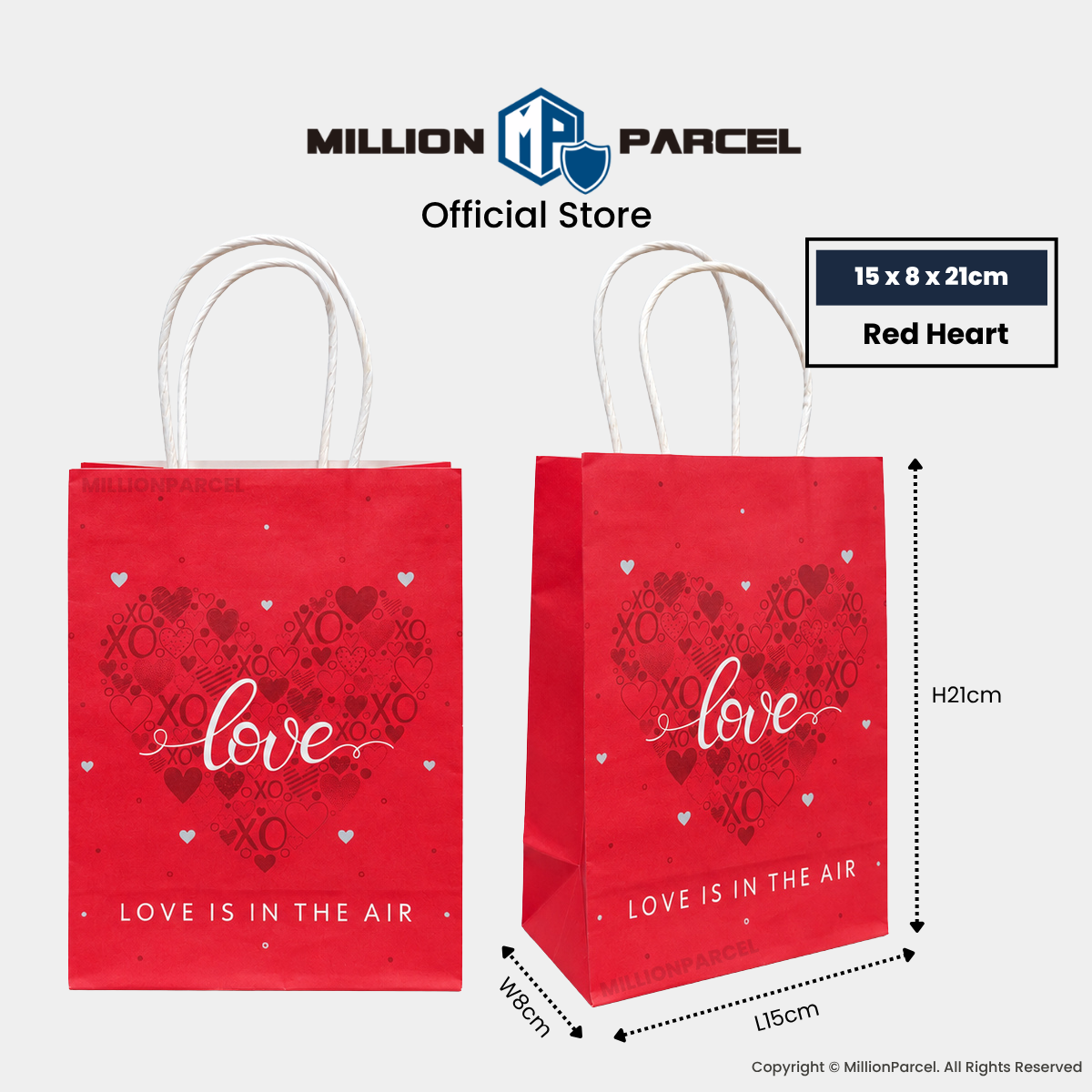 Red gift paper bag with handles, “Love” script and heart pattern with “Love is in the air”.