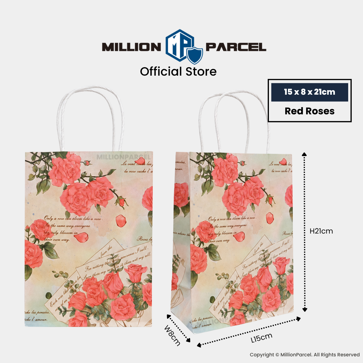 Cream gift paper bag with handles, pink rose floral print with romantic script text.