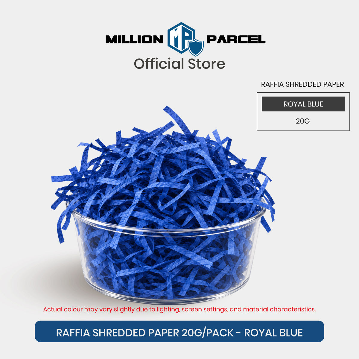 Raffia-style shredded paper gift filler in royal blue, crinkle strips in a clear round tub