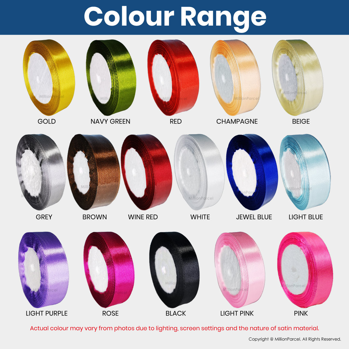 Satin ribbon color range with multiple ribbon rolls in assorted colors