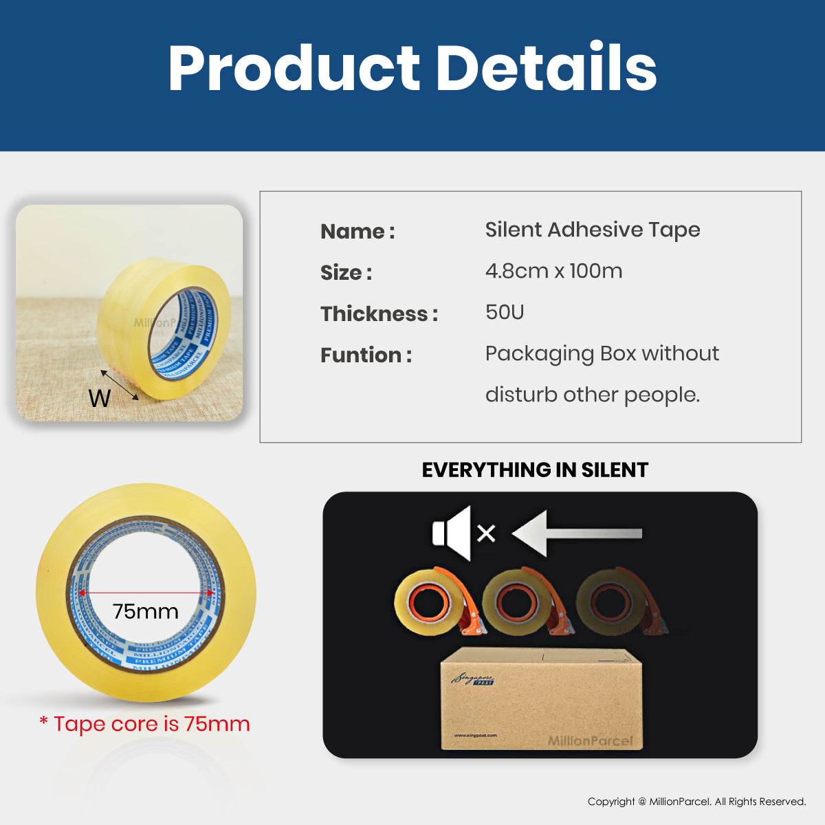 Silent Packing Tape 4.8cm x 100m | Low-Noise Carton Sealing Tape