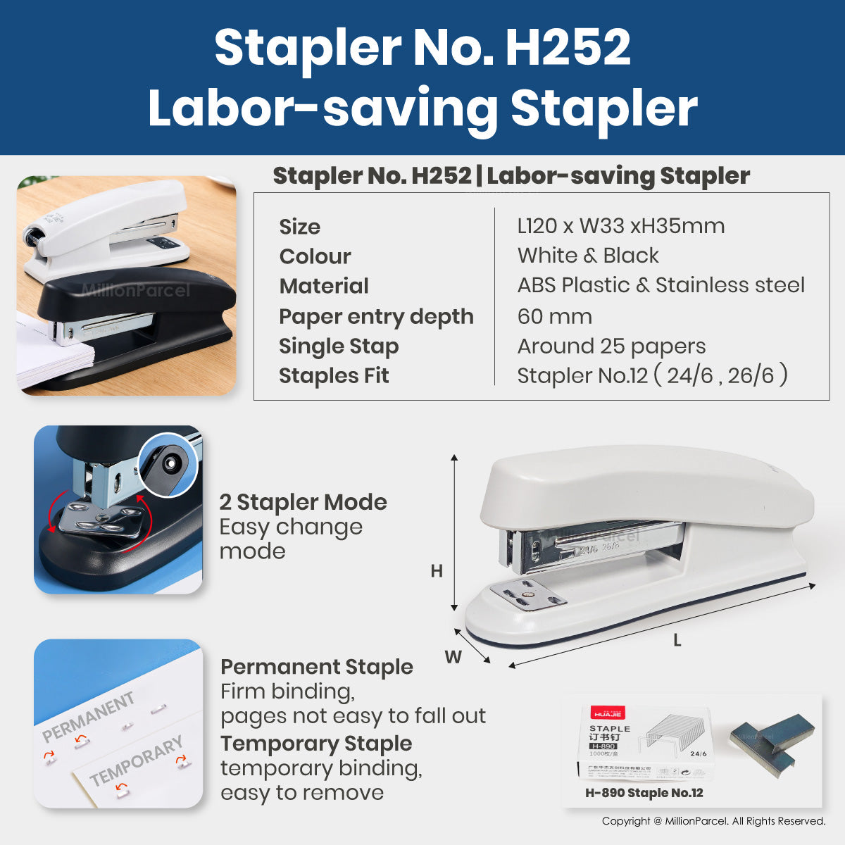 HUAJIE Office Stapler & Staples Set | 50% Less Effort, Up to 25 Sheets