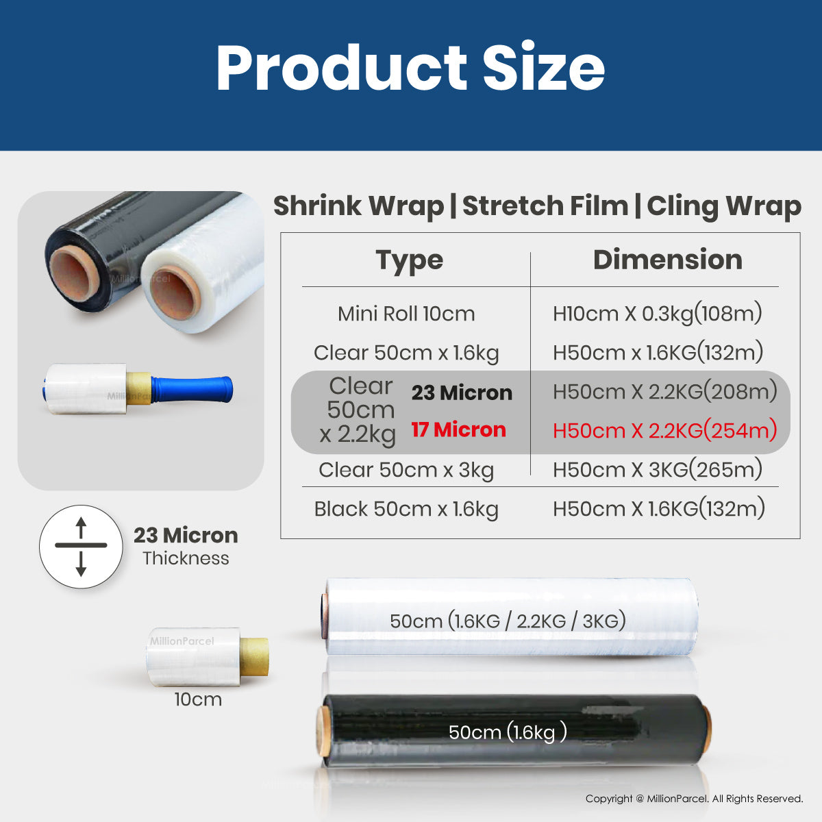 Clear stretch film shrink wrap roll with stacked clear and black rolls