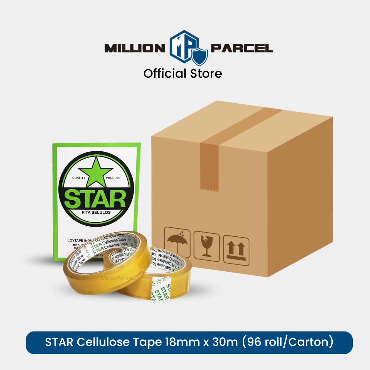 STAR cellulose tape, tan/gold packing tape rolls with logo card (96 per carton)