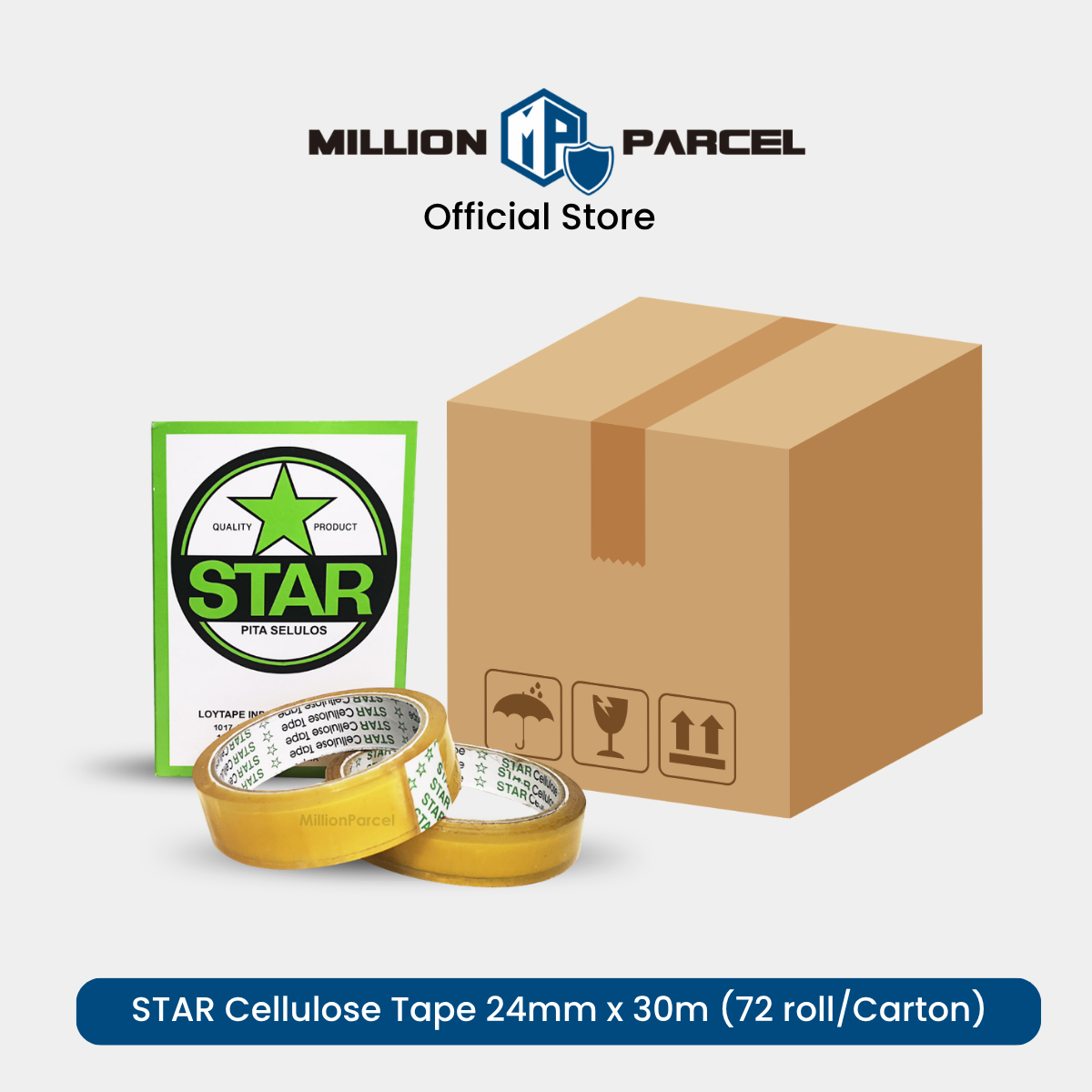 STAR cellulose tape, tan/gold packing tape rolls with logo card (72 per carton)