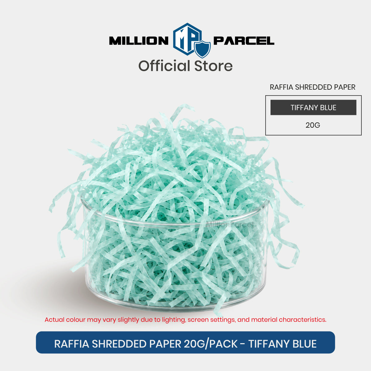 Raffia-style shredded paper gift filler in Tiffany blue, crinkle strips in a clear round tub