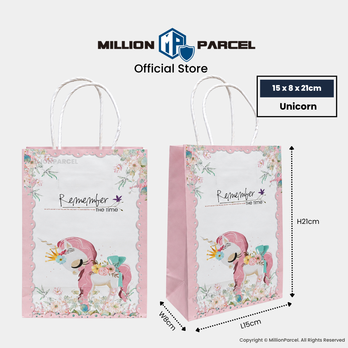Pink-and-white gift paper bag with handles, unicorn illustration and “Remember the time”.