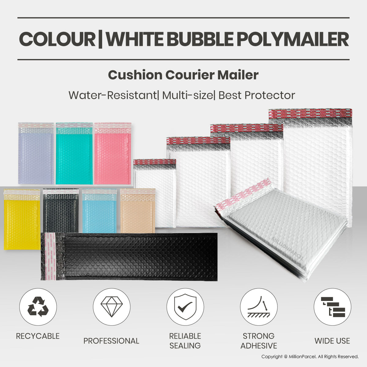 Cushion courier bubble mailers in multiple colors, with sealing and recyclable icons