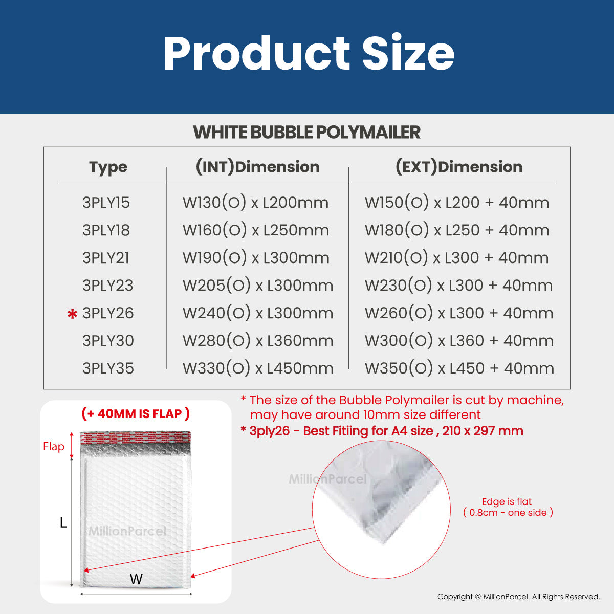 White bubble polymailer size chart with extended +40mm flap detail
