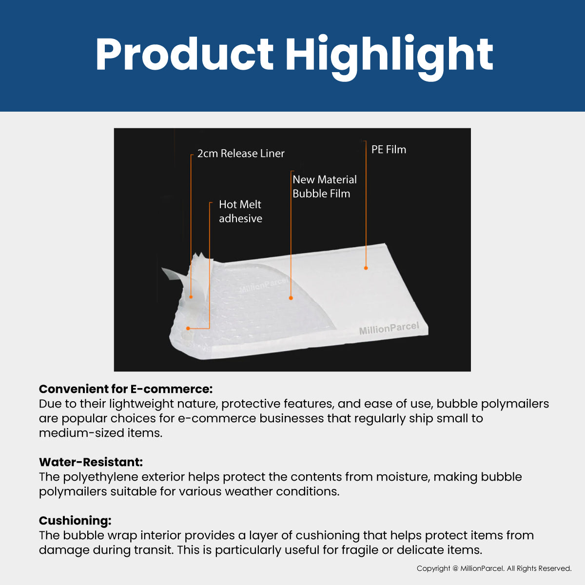 Bubble polymailer cross-section: PE film, bubble layer, and hot-melt adhesive