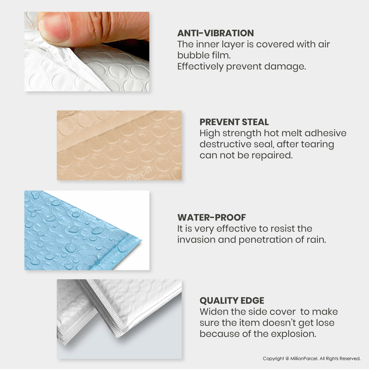 Bubble polymailer protection features: anti-vibration, anti-theft, waterproof, quality edge seal