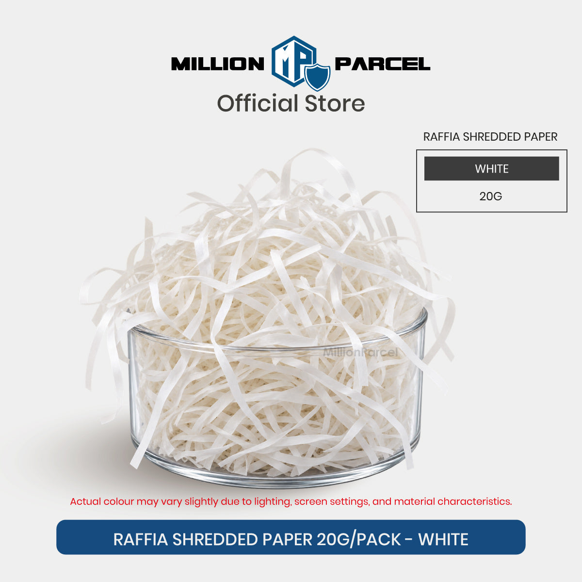 White raffia-style shredded paper filler in clear jar, 20g pack