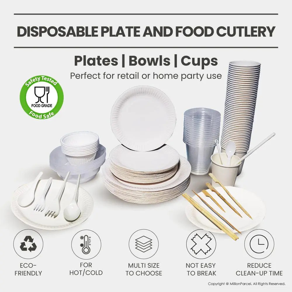 Premium Disposable Tableware | Disposable Cutlery - Plates, Cup, Bowl, Spoons, Forks, Straw, Stirrer, Chopsticks - MillionParcel